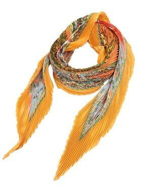 HERMES Carre 90 Pleated AXIS MUNDI Unisex Scarf Orange with box